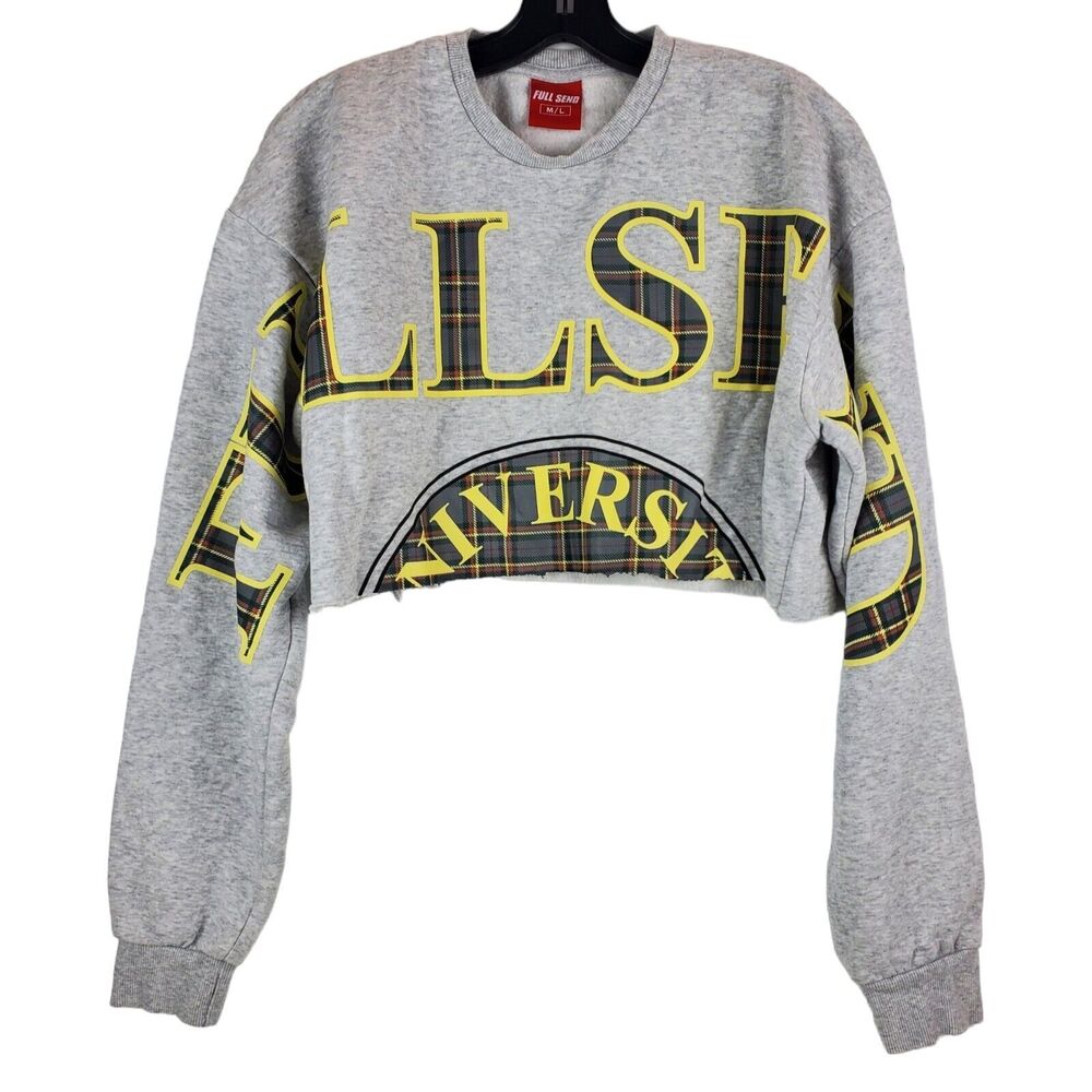 FULL SEND Sweater Womens Medium Gray BIG Logo Spell Out Cropped Long Sleeve
